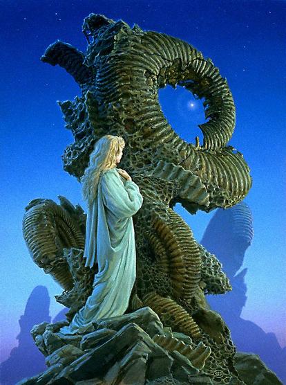 A woman in flowing robes stands on a mound of rock. In front of her, large ammonite fossils stack, unevenly fused together by coral. The s-shaped formation blocks vibrant blue night sky, but the ammonites are ancient and deteriorating. The woman holds a hand to her chest as she stares through the eroded spiral center to witness a bright shining star.