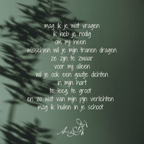 mag ik je wat vragen
ik heb je nodig
om mij heen
misschien wil je mijn tranen dragen
ze zijn te zwaar
voor mij alleen
wil je ook een gaatje dichten
in mijn hart
te leeg, te groot
en zo wat van mijn pijn verlichten
mag ik huilen in je schoot

Gedicht van Anna de Swart
