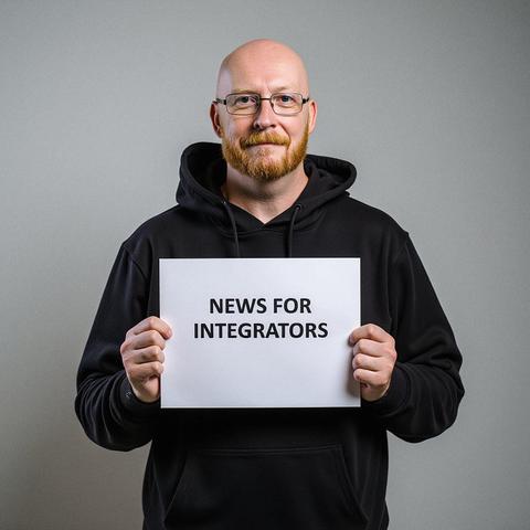 Wolfgang Wagner hält ein Schild hoch mit der Aufschrift 'News for Integrators'