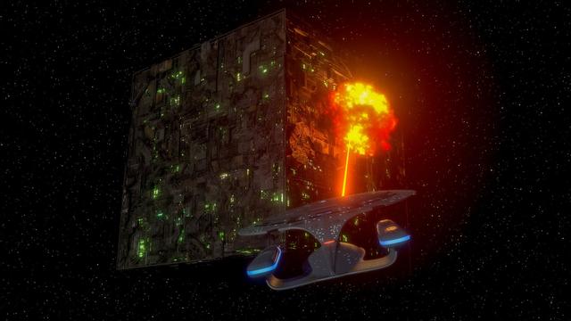 In the vast darkness of space, illuminated only by countless distant stars, a massive Borg Cube hangs menacingly — an enormous, geometric fortress of dark metal and green, pulsating lights. Its surface is cluttered with pipes, conduits, and panels, giving it the look of a mechanical hive.

Facing it is the U.S.S. Enterprise NCC-1701-D, a graceful, saucer-shaped Federation starship with a sleek silver hull and two glowing blue warp nacelles extending behind it. From the Enterprise’s forward section, a brilliant orange energy beam lances out, striking the Borg Cube. The impact blooms into a fiery explosion, splashing red and yellow light across the Cube’s surface and reflecting off the Enterprise’s hull.

The entire scene captures a moment of intense combat between human ingenuity and relentless cybernetic power.