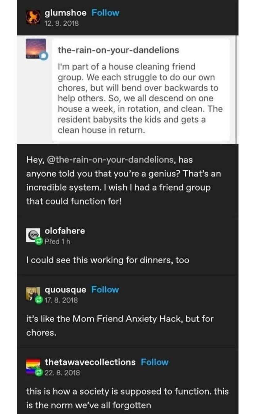 glumshoe  the-rain-on-your-dandelions I'm part of a house cleaning friend group. We each struggle to do our own chores, but will bend over backwards to help others. So, we all descend on one house a week, in rotation, and clean. The resident babysits the kids and gets a clean house in return. Hey, @the-rain-on-your-dandelions, has anyone told you that you’re a genius? That’s an incredible system. | wish | had a friend group that could function for! @olofahere | could see this working for dinners, too @quousque it’s like the Mom Friend Anxiety Hack, but for chores. @thetawavecollections this is how a society is supposed to function. this is the norm we've all forgotten