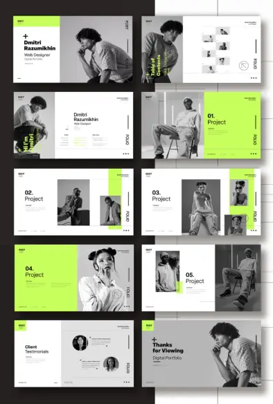Modern and Minimalist Digital Portfolio Presentation with Green Accents by Wavebreak Media for Adobe InDesign