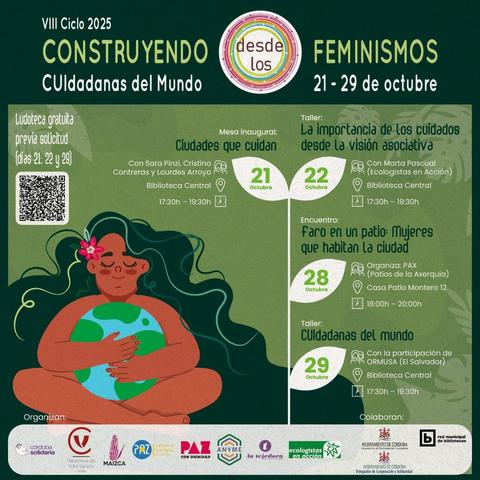 Cartel de Construyendo desde los feminismos, con fondo verde claro. A la derecha toda la información de los talleres tal y como figura en el toot, y a la izquierda una mujer en posición de buda, desnuda, con el pelo negro largo y una flor roja adornando la raíz, los ojos cerrados, que abraza la bola del mundo.
