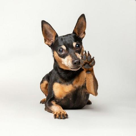A small black and tan dog lies on the floor with one paw raised, as if waving. Its ears are perked up, giving a playful and friendly expression.