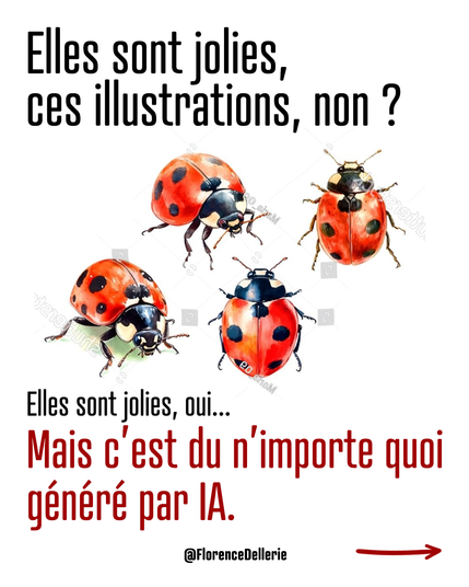 Visuel montrant 4 illustrations de coccinelles qui ont l'air d'avoir été peintes à l'aquarelle. Le texte dit : "Elles sont jolies, ces illustrations, non ? Elles sont jolies, oui... Mais c'est du grand n'importe quoi généré par IA."
