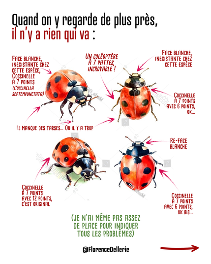 Visuel montrant les 4 mêmes illustrations de coccinelles, avec un texte disant :"Quand on y regarde de plus près, il n'y a rien qui va : Face blanche inexistante chez cette espèce, la coccinelle à 7 points, un individu représenté avec 7 pattes, un autre avec 6 ou 12 points, d'autres avec un nombre de tarses faux, etc. Le texte précise "je n'ai même pas assez de place pour indiquer tous les problèmes".
