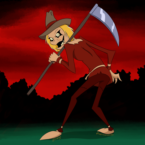 Scarecrow from Batman the Animated series, looking over his shoulder while holding a scythe