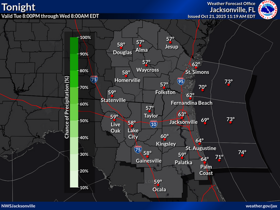 Low temperatures and rain chances for Tonight.