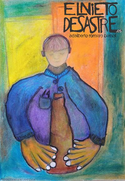 Pintura en ceras y pigmentos de un chico con auriculares modelando un jarrón de barro.