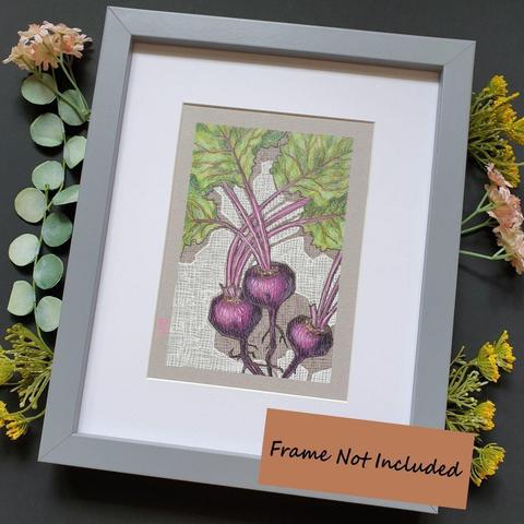 Description: 
A small original drawing of purple beetroot with stalks and green leaves. The drawing is on grey toned pastel paper.
An original art work, please note that the frame is not included.
Colour pencil and mixed media on acid free toned artist paper
5 by 7 inches (12.7 by 17.8 cm).