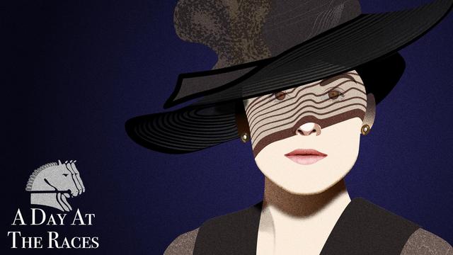 Vector drawing of Lady Mary, played by Michelle Dockery, emerging from a dark blue background into the sun. The brim of her semi-transparent sun hat drapes her face in hard shadow stripes. Dressed for a day at Ascot.