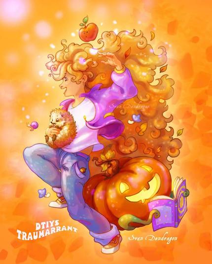 Dessin du personnage d'Alstor, mais avec de très longs cheveux, en jean et baskets, et veste violette ouverte, dans une pose bondissante et joyeuse, tenant un hérisson extatique contre elle. Derrière elle, dans l'ombre de ses cheveux, une grosse citrouille qui lit la BD d'Alstor. Des champignons, des feuilles, un escargot violet et une pomme rouge sont en suspension autour d'elle et dans ses cheveux. Couleur d'ambiance chaude, orangée.