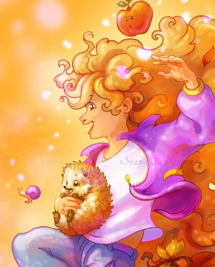 Gros plan portrait du dessin. On peut ainsi remarquer l'escargot qui vole et le hérisson content.