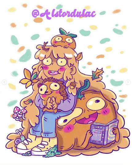 Dessin référence d'origine d'Alstor pour son "Draw This in Your Style".
Elle est assise sur une grosse citrouille lisant sa BD, calme, tenant un hérisson dans ses bras. Ses cheveux l'entourent elle et la citrouille, jusqu'au sol, et sont pris de feuilles. Les expressions sont humoristiques, mi cringe mi mignon.