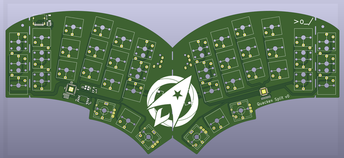 Clavier ergonomique, convertible 42 / 36 touches et hummingbird, monobloc splitable. Le Quacken Split est une évolution du Quacken Zéro où l’on vise encore plus de confort pour une utilisation à plat : plus de splay, touches de pouce resserrées, angle des mains ajusté.

Le clavier présente trois bonnes touches pour chaque pouce, mais il est possible de remplacer une touche de pouce (au choix parmi deux)l par un rotary encoder de chaque côté.

Au centre, un gros logo Ergo‑L prend la place du touchpad Cirque qui peut équiper le clavier en option.

Tout ça est un prototype, on espère présenter un modèle fonctionnel au Capitole du Libre en novembre 2025 !