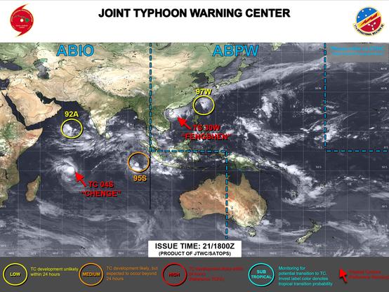 ABPW10 PGTW 210600
MSGID/GENADMIN/JOINT TYPHOON WRNCEN PEARL HARBOR HI//
SUBJ/SIGNIFICANT TROPICAL WEATHER ADVISORY FOR THE WESTERN AND SOUTH 
PACIFIC OCEANS/210600Z-220600ZOCT2025//
REF/A/MSG/JOINT TYPHOON WRNCEN PEARL HARBOR HI/210151ZOCT2025//
AMPN/REF A IS A TROPICAL CYCLONE WARNING.//
RMKS/
1. WESTERN NORTH PACIFIC AREA (180 TO MALAY PENINSULA):
   A. TROPICAL CYCLONE SUMMARY:
      (1) AT 21OCT25 0000Z, TROPICAL STORM 30W (FENGSHEN) WAS LOCATED 
NEAR 17.4N 112.4E, APPROXIMATELY 250 NM EAST-NORTHEAST OF DA NANG, 
VIETNAM, AND HAD TRACKED SOUTHWESTWARD AT 07 KNOTS OVER THE PAST SIX 
HOURS. MAXIMUM SUSTAINED SURFACE WINDS WERE ESTIMATED AT 45 KNOTS 
GUSTING TO 55 KNOTS. SEE REF A (WTPN31 PGTW 210300) FOR FURTHER 
DETAILS.
      (2) NO OTHER TROPICAL CYCLONES.
   B. TROPICAL DISTURBANCE SUMMARY:
      (1) THE AREA OF CONVECTION (INVEST 97W) PREVIOUSLY LOCATED NEAR 
24.2N 124.5E IS NOW LOCATED NEAR 24.4N 123.4E, APPROXIMATELY 42 NM 
WEST OF ISHIGAKIJIMA. ANIMATED ENHANCED MULTISPECTRAL SATELLITE 
IMAGERY (MSI) DEPICTS A PARTIALLY EXPOSED LOW LEVEL CIRCULATION CENTER 
(LLCC) WITH FLARING CONVECTION. A 10210042Z ASCAT REVEALS A WAVE LIKE 
FEATURE PASSING ISHIGAKIJIMA, WITH THE STRONGEST WINDS OF 25-30 KNOTS 
PASSING SOUTH ALONG THE NORTHERN PERIPHERY ASSOCIATED WITH THE EASTERN 
EDGE OF A STRONG COLD-SURGE EVENT. ENVIRONMENTAL ANALYSIS FOR THE AREA 
INDI