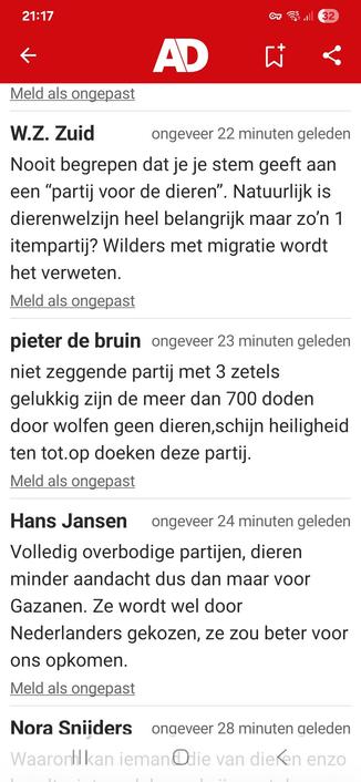 Diverse pseudoniempjes zeuren bij de reacties in AD dat ze Niko wel begrijpen met de gebruikelijke argumenten over "one issue partij" en over hoe verschrikkelijk wolven zijn.