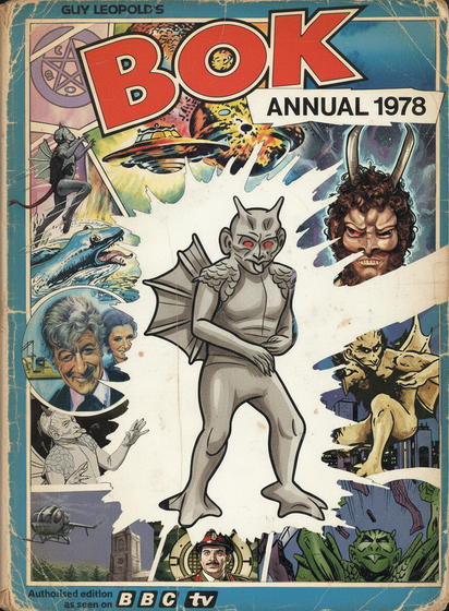 The wholly fictitious 1978 Bok annual, based on the real 1978 Dalek annual, I was going to make left side a proper trim hard binding but seriously have you any idea how many layers there are in this.

Description. "A handsome gargoyle stands in the middle of a badly foxed 1978 annual devoted to Bok" He is surrounded by pictures of enemies, and himself in action, and his mum Azal. There's also Liz Shaw with a blue rinse, because that's the sort of wrong-era detail fans like. I left in the dalek spaceship because fuck off.
