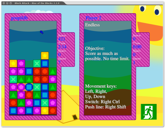 🕶️ A view of the single-player IU (v.2.2.0): very colorful, divided into 2 zones for both single-player (in this case, the zone on the right is occupied by a reminder of the game mode - in this case: endless, the objective - in this case to achieve the best score without time limit, and a reminder of the keys used) and multiplayer (in this case, the 2nd player plays in the zone on the right). Each zone contains cubes of different colors and patterns, which each player tries to match. 

📚️ Block Attack - Rise of the Blocks is a libre, multi-platform, solo (IA) / multiplayer (2 in hotseat) Tetris Attack, whose objective is to prevent a column of rising blocks from reaching the top of the interface. The blocks are eliminated by their horizontal or vertical assembly in groups of 3 with the aid of a cursor allowing a horizontal permutation (only) of 2 blocks between them. The game offers 5 single player modes, 2 multi modes and a puzzle mode (30 puzzles), an editor, a soundtrack, and joystick and mouse support. Quite difficult. Good realization.