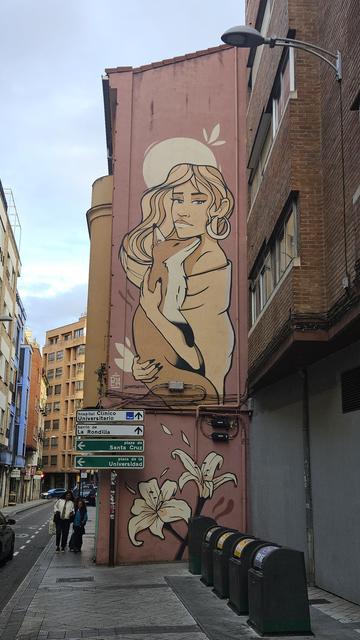 Mural urbano pintado en la pared lateral de un edificio estrecho de varias plantas. La obra muestra a una mujer de rasgos serenos con el cabello largo y ondulado, grandes pendientes circulares y un zorro entre sus brazos, ambos mirando en la misma dirección. El fondo es de color rosa apagado y en la parte inferior aparecen dos lirios grandes en color crema. En la calle se ven señales que indican direcciones hacia el Hospital Clínico Universitario, el barrio de La Rondilla, la plaza de Santa Cruz y la plaza de la Universidad. En primer plano hay varios contenedores de reciclaje y dos personas caminando por la acera.
