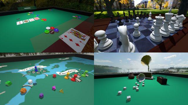 🕶️ A view showing 4 kinds of games that can be played with this 3D virtual table: a poker game, a chess game, a strategy game on maps, and a dice game.

📚️ Tabletop Club is a libre and multi-platform tabletop game solo (without internet connection) / multiplayer (without registration, by sharing the room code) allowing to play online with friends to classic tabletop games (board games, strategy or role playing games, cards, chess, checkers, dominoes, Mahjong, ...). A modular and easy-to-use system allows you to quickly import images, templates, music and more.