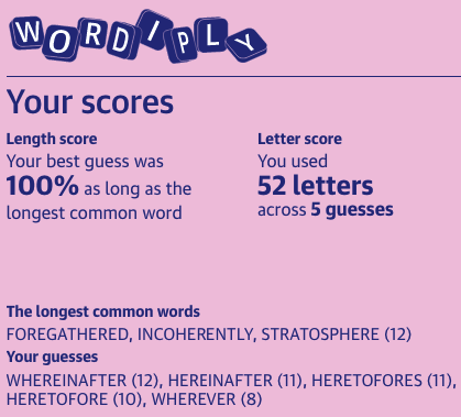 The longest common words:
FOREGATHERED, INCOHERENTLY, STRATOSPHERE (12)