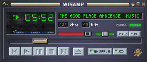 The QMMP media player with a classic WinAmp skin playing the music linked to in the body of the post ("The Good Place Ambience (music, nature sounds, wind chimes)")