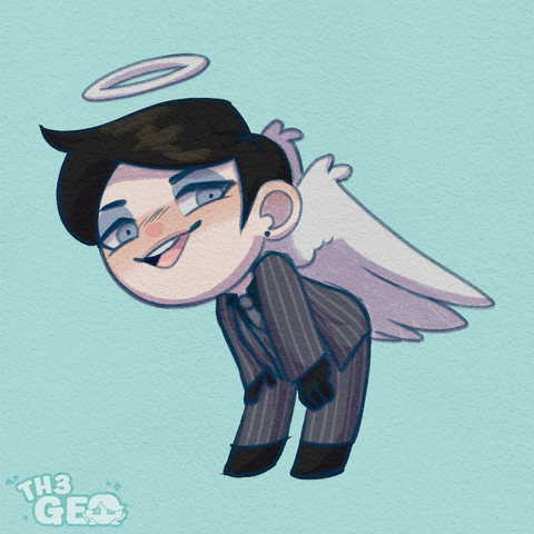- Drawing Type:
Chibi Style / Colored Sketch / Fullbody

- [ 1 ] Character/s:
* Angel

- Background:
Flat color

- Description:
Drawing of an angel in a ganster suit smiling at the viewer