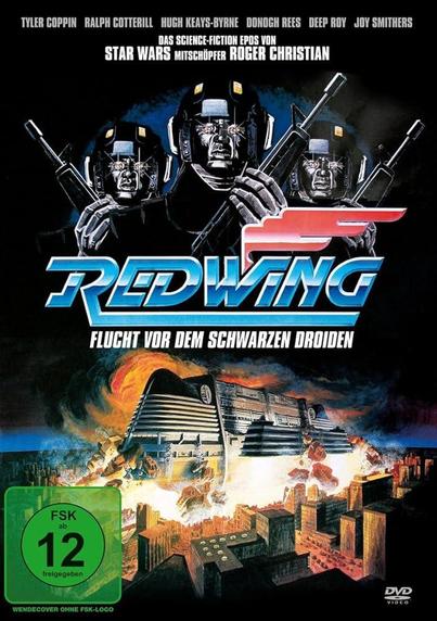 An old movie poster showing three black silver dudes with guns and the title Red Wing in silver blue letters.