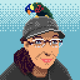 My avatar as a pixelart drawing. I'm looking at the camera wearing a grey hat on which a parrot is sitting.