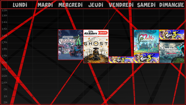 -Mercredi, de 15h jusqu'à 19h30, on continue notre aventure sur Légendes Pokémon ZA;
-Jeudi, on se retrouve à 14h50 pour regarder le second Kirby Air Riders Direct ! Puis on enchainera juste après sur Ghost of Yotei jusqu'à 20h;
-Vendredi, de 19h jusqu'à 20h,du Splatoon 3 pour récupérer les récompenses du dernier Big Run et voter pour le Splatfest du weekend !
-Samedi, de 15h jusqu'à 18h30, on reprend Maliki Poison of the Past, avant d'enchainer sur Splatoon 3 avec ni plus ni moins que l'incroyable @aelitagame  jusqu'à 20h pour une première partie de Splatfest qui va s'annoncer terrible !
-Et Dimanche, de 15h jusqu'à 16h30, la deuxième partie du Splatoween sur Splatoon 3, avec peut-être aussi @aelitagame , si elle est sympa, on verra ! Puis on terminera la soirée sur du Xenoblade Chronicles X Definitive Edition jusqu'à 20h !