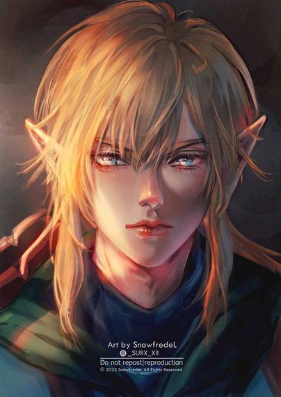 Link fanart portrait illustration art from the legend of zelda totk, he has pointy elf-like ears with blond hair.