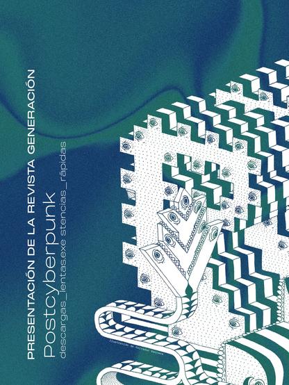 Portada del folleto para la presentación de la revista, fondo azul, una obra gráfica incluida en la revista se muestra.