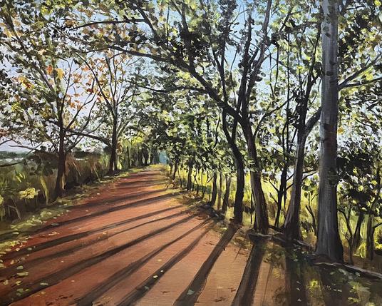 Impressionistic painting of a sunlit tree-lined path with long shadows across a reddish dirt road. Dappled light filters through green and golden leaves, evoking a calm late-afternoon atmosphere.