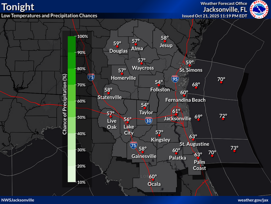 Low temperatures and rain chances for Tonight.