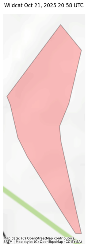 Visual map representation of the Wildcat wildfire, showing the perimeters of the 0.01 acre fire on a map.
