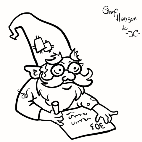 Autognomo, es decir un gnomo que es autonomo haciendo la trimestral de la casilla 303, la ropa está raida y tiene agujeros, tiene bigote prominente y barba y gafas culo de vaso, orejas puntiagudas y el meñique así parriba como si bebiera te apoyado en el folio. Tiene una expresion de tristeza o agobio.