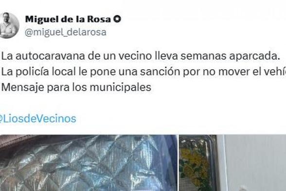 El tuit de Miguel de la Rosa donde se muestra la respuesta del propietario de una autocaravana. (Twitter)