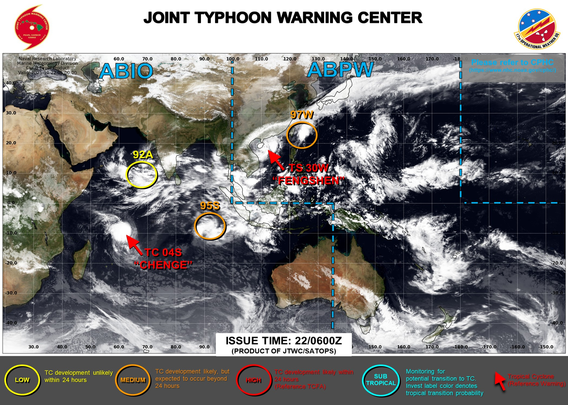 ABPW10 PGTW 220600
MSGID/GENADMIN/JOINT TYPHOON WRNCEN PEARL HARBOR HI//
SUBJ/SIGNIFICANT TROPICAL WEATHER ADVISORY FOR THE WESTERN AND SOUTH 
PACIFIC OCEANS 220600Z-230600ZOCT2025//
REF/A/MSG/JOINT TYPHOON WRNCEN PEARL HARBOR HI/220152ZOCT2025//
AMPN/REF A IS A TROPICAL CYCLONE WARNING.//
RMKS/
1. WESTERN NORTH PACIFIC AREA (180 TO MALAY PENINSULA):
   A. TROPICAL CYCLONE SUMMARY:
      (1) AT 22OCT25 0000Z, TROPICAL STORM 30W (FENGSHEN) WAS LOCATED 
NEAR 17.2N 111.8E, APPROXIMATELY 214 NM EAST-NORTHEAST OF DA NANG, 
VIETNAM, AND HAD TRACKED SOUTHWESTWARD AT 01 KNOTS OVER THE PAST SIX 
HOURS. MAXIMUM SUSTAINED SURFACE WINDS WERE ESTIMATED AT 45 KNOTS 
GUSTING TO 55 KNOTS. SEE REF A (WTPN31 PGTW 220300) FOR FURTHER DETAILS.
      (2) NO OTHER TROPICAL CYCLONES.
   B. TROPICAL DISTURBANCE SUMMARY:
      (1) THE AREA OF CONVECTION (INVEST 97W) PREVIOUSLY LOCATED NEAR 
24.4N 123.4E IS NOW LOCATED NEAR 22.9N 123.1E, APPROXIMATELY 156 NM EAST 
OF KAOHSIUNG, TAIWAN. ANIMATED ENHANCED MULTISPECTRAL SATELLITE IMAGERY 
(MSI) DEPICTS A PARTIALLY-EXPOSED LOW LEVEL CIRCULATION CENTER (LLCC) TO 
THE SOUTHWEST OF A PATCH OF PERSISTENT, FLARING CONVECTION. A 220108 
ASCAT METOP-C SHOWS A COMPACT LOW LEVEL CIRCULATION POSITIONED JUST TO 
THE EAST OF GALE FORCE WINDS ASSOCIATED WITH A COLD SURGE TO THE WEST 
AND EXTENSIVE 15-20 KT WINDS WRAPPING ALONG THE EASTERN PERIPHER