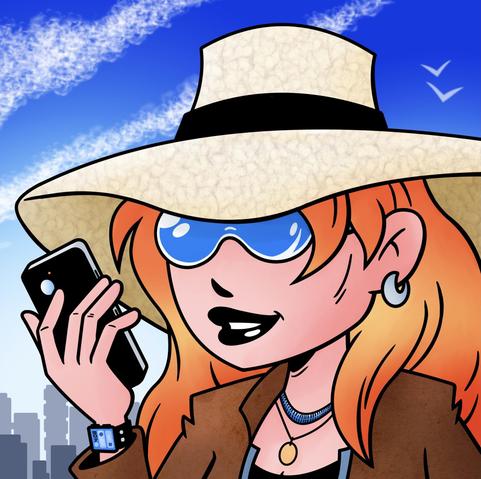 Young woman with long red hair wearing a large cream coloured hat with a black ban, blue sunglasses and a brown jacket
 She has a silver earring in her left ear and a pair of necklaces around her neck. A smart watch can be seen on her right wrist.
In her right hand is a mobile/cell phone which she is holding up in front of her face.
Behind her is a blue sky with clouds, a pair of birds and the silhouette of a city.