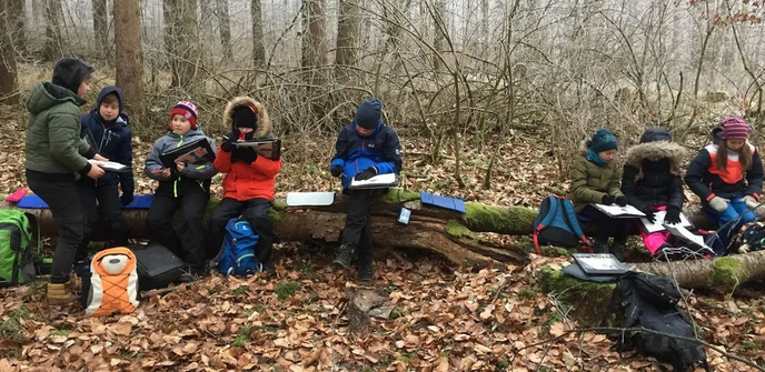 Foto von Schulkindern im herbstlichen, winterlichen Wald.