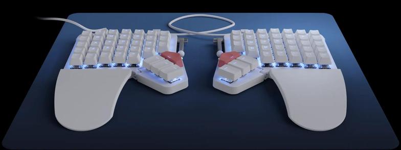 A ZSA Moonlander keyboard in white.