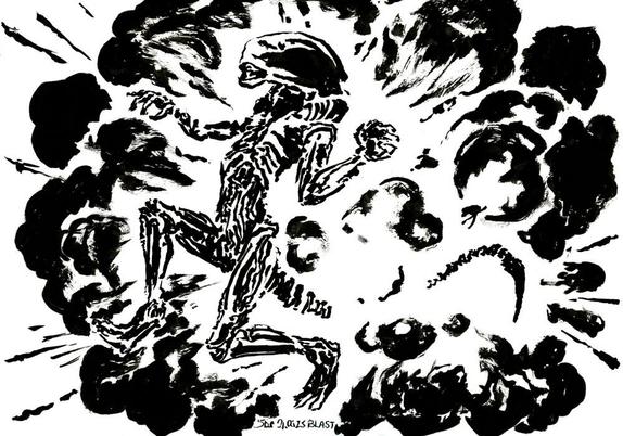 A xenomorph amidst an explosion