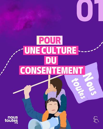 Logo du collectif NousToutes, en gros : "VOICI NOS 10 RÉPONSES" à la question "Tu te demandes pourquoi on sera dans la rue le 22 novembre". L'image montre trois manifestantEs, dont unE tient un mégaphone.