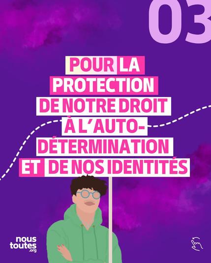 Objectif 2 : "POUR LE RESPECT DE NOTRE LIBERTÉ DE DISPOSER DE NOS CORPS ET DE NOS DROITS SEXUELS ET REPRODUCTIFS". Une personne portant un foulard tient une pancarte en levant les yeux vers le message.