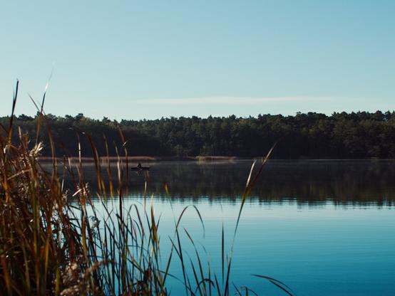 An open lake with a tiny boat in the background