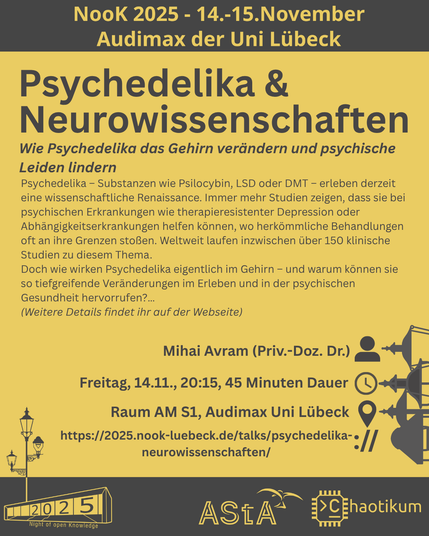 Oben steht "NooK 2025 - 14.-15.November - Audimax der Uni Lübeck".
Dann kommt die Überschrift "Psychedelika & Neurowissenschaften" mit dem Untertitel "Wie Psychedelika das Gehirn verändern und psychische Leiden lindern" und weiteren Details zum Vortrag.
Beschreibungstext: "Psychedelika – Substanzen wie Psilocybin, LSD oder DMT – erleben derzeit eine wissenschaftliche Renaissance. Immer mehr Studien zeigen, dass sie bei psychischen Erkrankungen wie therapieresistenter Depression oder Abhängigkeitserkrankungen helfen können, wo herkömmliche Behandlungen oft an ihre Grenzen stoßen. Weltweit laufen inzwischen über 150 klinische Studien zu diesem Thema.
Doch wie wirken Psychedelika eigentlich im Gehirn – und warum können sie so tiefgreifende Veränderungen im Erleben und in der psychischen Gesundheit hervorrufen?…"
Dann der Hinweis: "Weitere Details findet ihr auf der Webseite"
Folgende Informationen sind außerdem zum Vortrag gegeben:
Speaker: Mihai Avram (Priv.-Doz. Dr.)
Zeit: Freitag, 14.11., 20:15, 45min Dauer
Ort: Raum AM S1, Audimax Uni Lübeck
Website: https://2025.nook-luebeck.de/talks/psychedelika-neurowissenschaften/
Unten im Bild ist das Logo der NooK, das Uni-Luebeck-Audimax mit einer 2025 auf den Glasfenster und eine Laternenstange mit drei Gaslaternen. Daneben das Logo des AStA der Uni Lübeck und des Chaotikums.