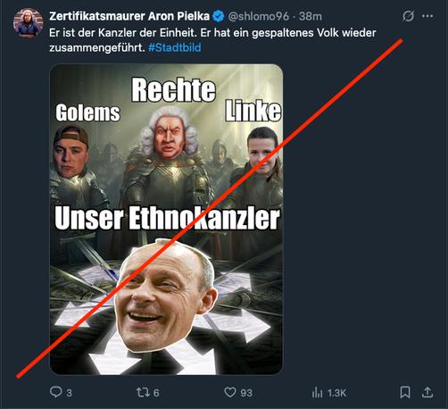 X-Screenshot von rechtsextremem Influencer Aaron Pielka, der mit einem Meme die rassistische Stadtbild-Aussage von Friedrich Merz feiert.