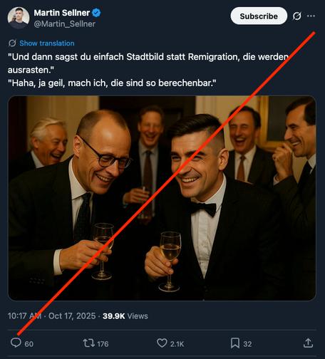X-Screenshot von Martin Sellner (Rechtsexctremist, Posterboy und Taktgeber der Identitären Bewegung), der mit einem Meme die rassistische Stadtbild-Aussage von Friedrich Merz feiert.
