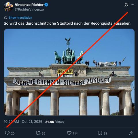 X-Screenshot von Vincenzo Richter (Voristznder Identitäre Bewegung Deutschland), der mit einem Meme die rassistische Stadtbild-Aussage von Friedrich Merz feiert.